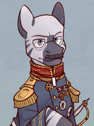 Size: 520x700 | Tagged: safe, artist:bunnyshrubby, derpibooru import, oc, oc only, oc:bezelshazzar zerutra, zebra, equestria at war mod, bust, clothes, facial hair, glasses, medal, military uniform, moustache, portrait, solo, uniform, zebra oc