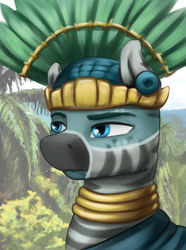 Size: 1560x2100 | Tagged: safe, artist:kelkessel, derpibooru import, oc, oc only, oc:xuwicha, zebra, equestria at war mod, bust, clothes, feather, hat, jewelry, necklace, portrait, solo, zebra oc