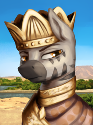 Size: 1560x2100 | Tagged: safe, artist:kelkessel, derpibooru import, oc, oc only, oc:euzegoar, zebra, equestria at war mod, bust, clothes, crown, jewelry, portrait, regalia, river, solo, water, zebra oc