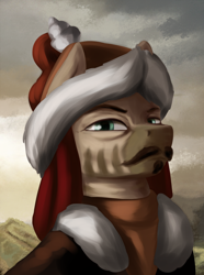 Size: 1560x2100 | Tagged: safe, artist:kelkessel, derpibooru import, oc, oc only, oc:zaghu, zebra, equestria at war mod, beard, bust, clothes, facial hair, hat, moustache, portrait, solo, zebra oc