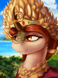 Size: 1560x2100 | Tagged: safe, artist:kelkessel, derpibooru import, oc, oc only, oc:kudakelasi, kirin, equestria at war mod, bust, clothes, crown, gem, jewelry, kirin oc, ocean, portrait, regalia, solo, water