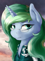 Size: 1560x2100 | Tagged: safe, artist:kelkessel, derpibooru import, oc, oc only, oc:emerald light, pony, unicorn, equestria at war mod, clothes, glasses, horn, solo, unicorn oc