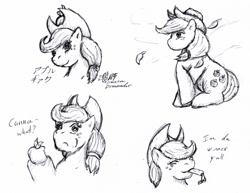 Size: 950x732 | Tagged: safe, artist:lunarlight-prism, derpibooru import, applejack, earth pony, pony, g4, apple, dialogue, eating, female, food, mare, simple background, sitting, sketch, solo, traditional art, white background, wind