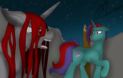 Size: 5000x3197 | Tagged: safe, artist:maître cervidé, derpibooru import, oc, oc:hisark kirff, oc:red snow, unicorn, angry, crying, duo, duo female, fangs, female, horn, night, ruin, signature, stars