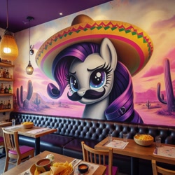 Size: 1024x1024 | Tagged: safe, ai content, derpibooru import, generator:bing image creator, generator:dall-e 3, machine learning generated, rarity, pony, g4, bottle, bust, cactus, chair, desert, dip, drink, drinking glass, facial hair, fake moustache, female, food, glass, hat, indoors, irl wallpaper, lamp, mare, mexican, mexican food, moustache, portrait, prompter needed, restaurant, solo, sombrero, table, tortilla chips