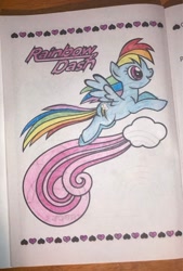 Size: 750x1109 | Tagged: safe, artist:lullapiies, derpibooru import, rainbow dash, pegasus, pony, g4, cloud, coloring page, flying, heart, open mouth, open smile, smiling, solo, traditional art, wings