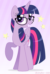 Size: 714x1050 | Tagged: safe, artist:lullapiies, derpibooru import, twilight sparkle, twilight sparkle (alicorn), alicorn, pony, g4, female, folded wings, glasses, gradient background, horn, mare, raised hoof, raised leg, smiling, solo, wings