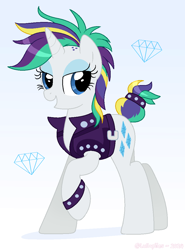 Size: 784x1058 | Tagged: safe, artist:lullapiies, derpibooru import, rarity, pony, unicorn, g4, alternate hairstyle, bracelet, clothes, diamond, female, gradient background, horn, jewelry, mare, punk, raised hoof, raised leg, raripunk, smiling, solo, studded bracelet