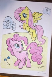 Size: 646x963 | Tagged: safe, artist:lullapiies, derpibooru import, fluttershy, pinkie pie, earth pony, pegasus, pony, g4, cloud, coloring page, female, flower, flying, looking at each other, looking at someone, mare, smiling, smiling at each other, traditional art, wings