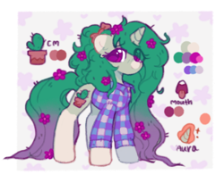 Size: 630x517 | Tagged: safe, artist:flixanoa, derpibooru import, oc, oc only, oc:cactus pony, pony, unicorn, border, bow, clothes, coat markings, color palette, colored eartips, colored muzzle, eye clipping through hair, eyebrows, eyebrows visible through hair, flannel shirt, flower, flower in hair, flower in tail, glowing, glowing horn, gradient mane, gradient tail, green coat, hair bow, horn, impossibly long mane, impossibly long tail, lidded eyes, long mane, long tail, magic, open mouth, patterned background, ponytail, purple eyes, reference sheet, shiny eyes, shirt, smiiling, smiling, socks (coat marking), standing, tail, tied mane, tongue, tongue out, two toned mane, two toned tail, unicorn horn, unicorn oc, wingding eyes