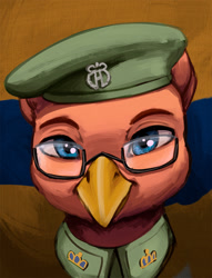 Size: 1000x1311 | Tagged: safe, artist:mrscroup, derpibooru import, oc, oc only, oc:karel everhard, griffon, equestria at war mod, bust, clothes, glasses, griffon oc, hat, military uniform, portrait, solo, uniform