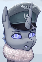 Size: 1892x2796 | Tagged: safe, artist:mrscroup, derpibooru import, oc, oc only, oc:epargy clarus, changeling, equestria at war mod, bust, cap, changeling oc, clothes, fangs, hat, horn, portrait, solo