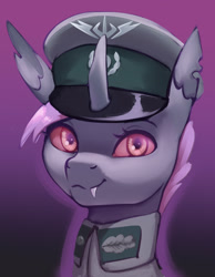 Size: 2332x3000 | Tagged: safe, artist:mrscroup, derpibooru import, oc, oc only, oc:tetti rhombi, changeling, equestria at war mod, bust, cap, changeling oc, clothes, fangs, hat, horn, military uniform, portrait, solo, uniform