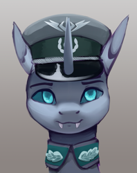 Size: 579x732 | Tagged: safe, artist:mrscroup, derpibooru import, oc, oc only, oc:latro mactans, changeling, equestria at war mod, bust, cap, changeling oc, clothes, fangs, hat, horn, military uniform, portrait, solo, uniform