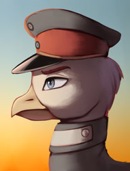 Size: 1599x2094 | Tagged: safe, artist:mrscroup, derpibooru import, oc, oc only, oc:cornelio galluzzo, griffon, equestria at war mod, bust, cap, clothes, griffon oc, hat, military uniform, portrait, solo, uniform