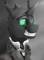 Size: 624x840 | Tagged: safe, artist:richmay, derpibooru import, oc, oc only, oc:larynx, changeling, equestria at war mod, bust, changeling oc, clothes, fangs, forced smile, horn, military uniform, portrait, smiling, solo, uniform