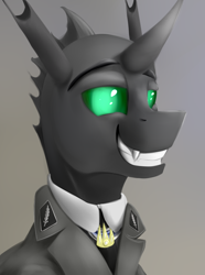 Size: 624x840 | Tagged: safe, artist:richmay, derpibooru import, oc, oc only, oc:larynx, changeling, equestria at war mod, bust, changeling oc, clothes, fangs, horn, military uniform, portrait, solo, uniform