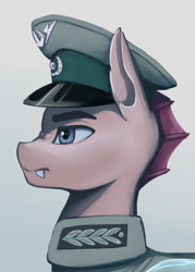 Size: 1856x2588 | Tagged: safe, artist:mrscroup, derpibooru import, oc, oc only, oc:narcys murx, changeling, equestria at war mod, bust, cap, changeling oc, clothes, fangs, hat, military uniform, portrait, solo, uniform