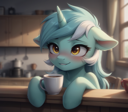 Size: 1280x1119 | Tagged: safe, ai content, derpibooru import, generator:stable diffusion, machine learning generated, lyra heartstrings, pony, semi-anthro, unicorn, g4, beautiful, blurry background, blush lines, blushing, chair, chest fluff, coffee, coffee mug, cute, ear blush, ear fluff, ears, explicit description, eyebrows, eyebrows visible through hair, female, floppy ears, generator:bluefox mix, hoof fluff, hooves, horn, human shoulders, indoors, kitchen, lip bite, lyrabetes, mare, mug, prompter:adorablebluefox, sitting, smiling, solo