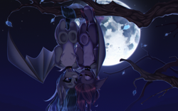 Size: 3200x2000 | Tagged: safe, artist:yuozka, derpibooru import, oc, oc:luny, oc:pestyskillengton, bat pony, couple, female, full moon, hanging, hanging upside down, lesbian, moon, night, sleeping, tree branch, upside down