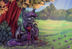 Size: 2855x1963 | Tagged: safe, artist:lonerdemiurge_nail, derpibooru import, oc, bat pony, pony, clothes, glasses, scarf, scenery, sitting, solo, tree