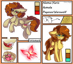 Size: 2500x2200 | Tagged: safe, artist:yuris, derpibooru import, oc, oc only, oc:yuris, pegasus, pony, werewolf, cutie mark, ears back, female, glasses, looking at you, open mouth, paws, reference sheet, smiling, solo