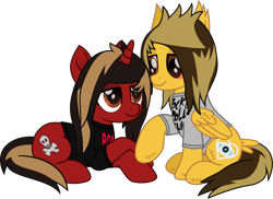 Size: 1594x1163 | Tagged: safe, artist:lightningbolt, derpibooru exclusive, derpibooru import, pegasus, pony, unicorn, g4, .svg available, alex gaskarth, all time low, butt fluff, cheek fluff, clothes, colored pupils, duo, duo male, dyed mane, dyed tail, ear fluff, ears, fluffy, folded wings, gay, hair over one eye, hoof fluff, horn, jack barakat, lidded eyes, looking at each other, looking at someone, lying down, male, movie accurate, ponified, prone, raised hoof, raised leg, shipping, shirt, simple background, sitting, species swap, stallion, svg, t-shirt, tail, tail feathers, transparent background, vector, wing fluff, wings