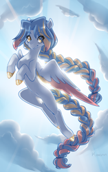 Size: 2100x3344 | Tagged: safe, artist:kaenn, derpibooru import, oc, oc only, oc:seashore swirl, pegasus, flying, sky, solo, sunlight