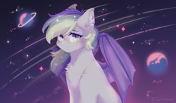 Size: 2889x1697 | Tagged: safe, artist:twinkesss, derpibooru import, oc, oc only, oc:wisty starshine, bat pony, pony, bat pony oc, bat wings, blushing, chest fluff, commission, cute, detailed background, ear fluff, ears, female, galaxy, mare, multicolored hair, multicolored mane, planet, purple wings, shooting stars, solo, space, sparkles, sparkly mane, spread wings, two toned eyes, white coat, wings, ych result