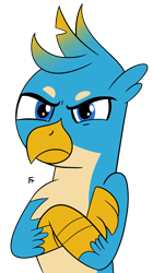 Size: 1754x3121 | Tagged: safe, artist:frownfactory, derpibooru import, gallus, griffon, g4, crossed arms, gallus is not amused, male, solo, unamused