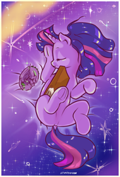 Size: 1504x2218 | Tagged: safe, artist:stratodraw, derpibooru import, spike, twilight sparkle, unicorn twilight, dragon, pony, unicorn, alternate universe, book, cute, dock, duo, frog (hoof), sleeping, spikabetes, tail, twiabetes, underhoof, winged spike, wings