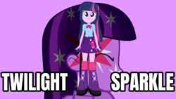 Size: 2560x1440 | Tagged: safe, artist:qbert2kcat, derpibooru import, twilight sparkle, human, equestria girls, g4, boots, clothes, female, high heel boots, purple background, shirt, shoes, simple background, skirt, solo, wallpaper