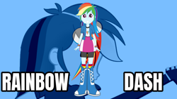 Size: 2560x1440 | Tagged: safe, artist:qbert2kcat, derpibooru import, rainbow dash, human, equestria girls, g4, blue background, boots, clothes, female, high heel boots, jacket, shirt, shoes, simple background, skirt, socks, solo, vest, wallpaper