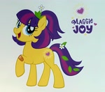 Size: 2864x2520 | Tagged: safe, earth pony, pony, g4, bandaid, female, flower, flower in hair, gradient background, head turn, heart, in memoriam, leaf, looking at you, looking sideways, maggie joy, mare, open mouth, open smile, side view, smiling, smiling at you, solo