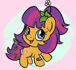 Size: 1234x1125 | Tagged: safe, artist:amynewblue, earth pony, pony, g4, bandaid, female, flower, flower in hair, head turn, heart, leaf, looking at you, maggie joy, mare, open mouth, open smile, side view, smiling, smiling at you, solo