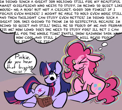 Size: 1649x1488 | Tagged: safe, artist:captainzigo, derpibooru import, pinkie pie, twilight sparkle, unicorn twilight, earth pony, pony, unicorn, g4, ><, animated, book, dialogue, duo, duo female, eye clipping through hair, eyes closed, female, horn, lesbian, mare, reading, shipping, speech bubble, thought bubble, twinkie, vibrating, wavy mouth