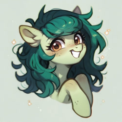 Size: 1200x1200 | Tagged: safe, ai content, derpibooru import, generator:pony diffusion v6 xl, generator:stable diffusion, machine learning generated, wallflower blush, pony, g4, blushing, bust, equestria girls ponified, female, freckles, green background, grin, looking at you, mare, ponified, prompter:yendrula, simple background, smiling, smiling at you, solo, sparkles, species swap