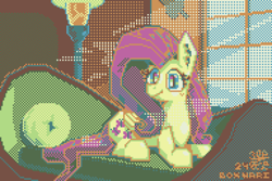 Size: 1920x1280 | Tagged: safe, artist:boxwari, derpibooru import, fluttershy, pegasus, pony, g4, crepuscular rays, digital art, female, fluttershy's cottage, fluttershy's cottage (interior), looking at you, lying down, mare, pixel art, prone, signature, smiling, smiling at you, sofa, solo, window
