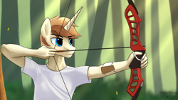 Size: 3000x1688 | Tagged: safe, artist:dash wang, derpibooru import, oc, oc only, oc:cream brun, anthro, unicorn, anthro oc, archery, arrow, bow, clothes, forest, hand, horn, male, nature, solo, tree