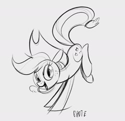 Size: 2000x1928 | Tagged: safe, artist:brdte, derpibooru import, applejack, earth pony, pony, g4, female, grayscale, handstand, looking back, mare, monochrome, open mouth, open smile, signature, sketch, smiling, solo, upside down