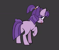 Size: 1971x1650 | Tagged: safe, artist:partyponypower, derpibooru import, starlight glimmer, pony, unicorn, g4, alternate mane color, alternate tail color, alternate universe, blood, colored, eyelashes, female, filly, filly starlight glimmer, flat colors, foal, gray background, horn, implied violence, looking at you, looking back, looking back at you, lyrics in the description, mare, no catchlights, no mouth, pigtails, pink coat, purple mane, purple tail, raised hoof, raised leg, rear view, simple background, solo, standing, tail, tied mane, underhoof, unicorn horn, younger