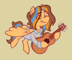 Size: 1971x1650 | Tagged: safe, artist:partyponypower, derpibooru import, oc, oc only, pegasus, pony, acoustic guitar, ambiguous gender, button-up shirt, clothes, colored, dress shirt, eye clipping through hair, eyebrows, eyebrows visible through hair, flat colors, flying, golden eyes, guitar, hoof hold, long mane, long tail, looking down, multicolored mane, multicolored tail, musical instrument, nose wrinkle, partially open wings, pegasus oc, requested art, shirt, smiling, solo, striped shirt, tail, unnamed oc, wings, yellow coat