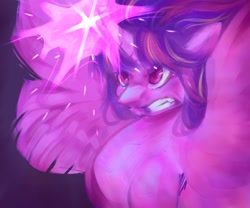 Size: 1800x1500 | Tagged: safe, artist:sarpiza_, derpibooru import, twilight sparkle, twilight sparkle (alicorn), alicorn, pony, g4, angry, bust, female, glowing, glowing horn, grin, horn, mare, smiling, solo, spread wings, wings