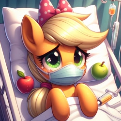 Size: 1024x1024 | Tagged: safe, ai content, derpibooru import, generator:bing image creator, generator:dall-e 3, machine learning generated, applejack, earth pony, pony, g4, apple, bed, bow, crying, cute, female, food, fruit, hairband, hospital, hospital bed, jackabetes, lying down, mare, mask, pillow, polka dots, prompter:equestria pony fans, sad, sadorable, sick, solo