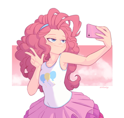 Size: 1075x1024 | Tagged: safe, artist:skittlebuggy, color edit, derpibooru import, edit, pinkie pie, human, better together, equestria girls, g4, clothes, female, high res, lidded eyes, peace sign, phone, selfie, skin color edit, skirt, smiling, smirk, solo, taking a photo