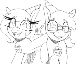 Size: 3355x2806 | Tagged: safe, artist:lockheart, derpibooru import, oc, oc only, oc:lockie, oc:tjpones, earth pony, pony, birthday, black and white, duo, duo male and female, female, glasses, grayscale, grin, hat, long eyelashes, looking at each other, looking at someone, male, mare, monochrome, open mouth, open smile, party hat, simple background, smiling, smiling at each other, stallion, white background