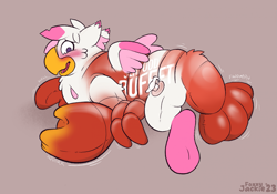 Size: 2291x1608 | Tagged: safe, artist:foxxy-arts, artist:pinksundae, derpibooru import, oc, oc only, oc:foxxy hooves, hippogriff, lobster, blushing, female, hippogriff oc, inanimate tf, inflatable, mid-transformation, open mouth, solo, transformation