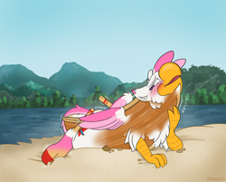 Size: 2142x1720 | Tagged: safe, artist:foxxy-arts, derpibooru import, oc, oc only, oc:foxxy hooves, hippogriff, blushing, boat, female, hippogriff oc, inanimate tf, lake, mid-transformation, mountain, oars, open mouth, rock, rowboat, sky, solo, transformation, tree, water