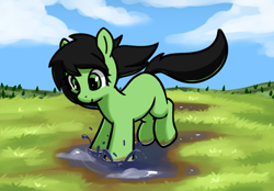 Size: 808x562 | Tagged: safe, artist:neuro, derpibooru import, oc, oc only, oc:anon filly, earth pony, pony, female, filly, foal, looking down, puddle, smiling, solo, splashing