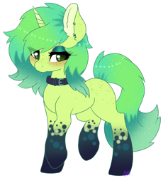 Size: 982x1067 | Tagged: safe, artist:pasteldraws, derpibooru import, oc, oc only, pony, unicorn, blushing, bubble tea theme, collar, ear fluff, ears, eyeshadow, freckles, horn, makeup, simple background, solo, transparent background, unnamed character, unnamed pony